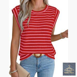 Women's Striped Muscle Tee Sleeveless Vest Textured Knit Business Casual Top